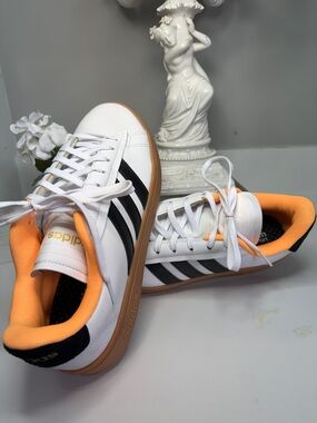 adidas White Sneakers with Black Stripes and Orange Lining NEW